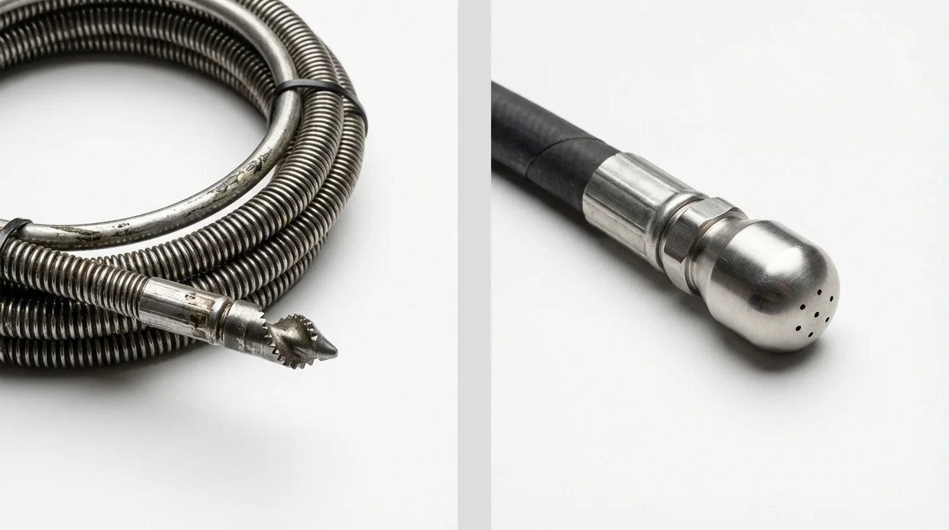 Drain snake cable and hydro jetting nozzle used for drain cleaning in Madison, NJ